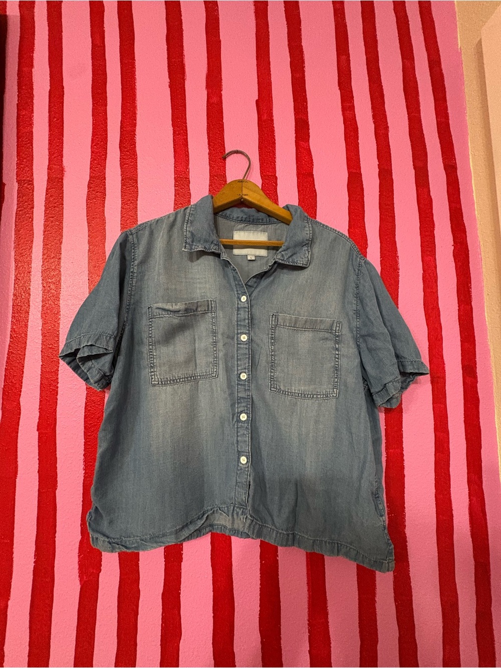 Light Blue Denim Button-Front Shirt - Relaxed Short Sleeve